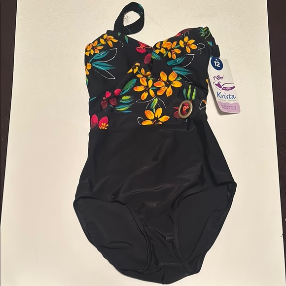 NWT Krista Black Bottom Floral Top One Piece Swimsuit Bathing Suitt Size 12 - Picture 1 of 3